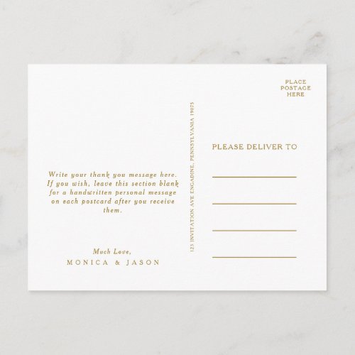 Classic Minimalist Gold Wedding Thank You Postcard