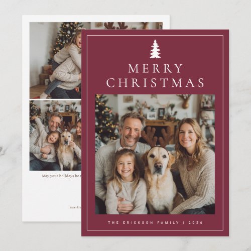 Classic Minimalist Merry Christmas Photo Burgandy Holiday Card