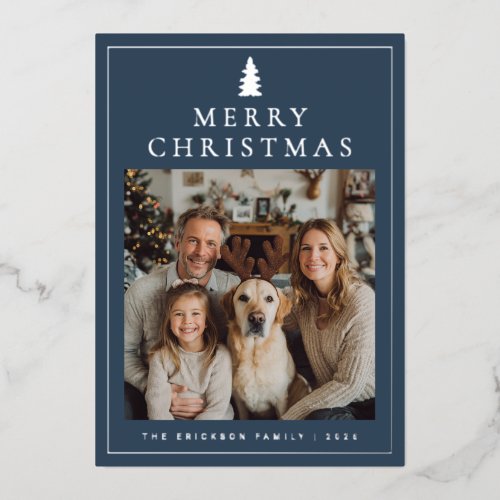 Classic Minimalist Merry Christmas Photo - Navy Foil Holiday Card