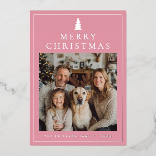 Classic Minimalist Merry Christmas Photo - Pink Foil Holiday Card