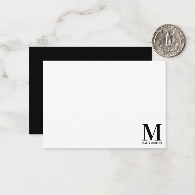 Classic Minimalist Monogram Black White Script Note Card (Front/Back In Situ)
