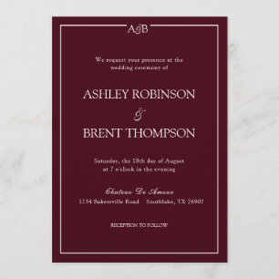 Classic Minimalist Monogram Burgundy and Ivory  Invitation