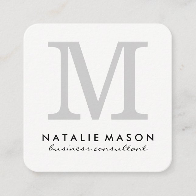 Classic Minimalist Monogram Gray on White Square Business Card (Front)