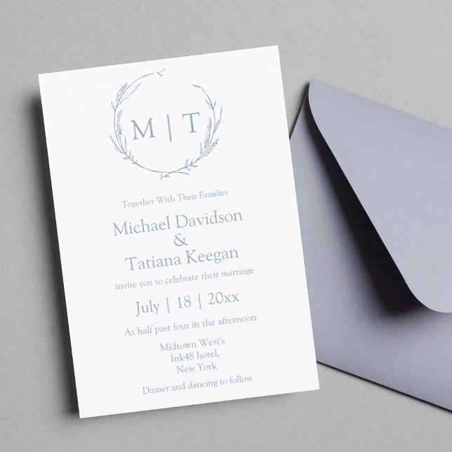 classic minimalist monogram wedding blue script invitation (Creator Uploaded)
