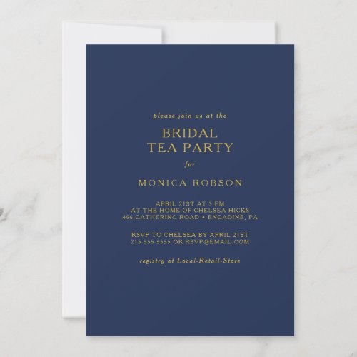 Classic Minimalist Navy Blue Gold Bridal Tea Party Invitation