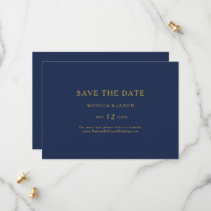 Classic Minimalist Navy Blue Gold Horizontal Save The Date