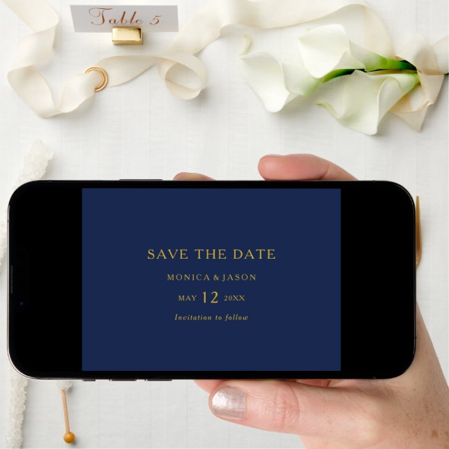 Classic Minimalist Navy Blue | Gold QR code Save The Date (Front Digital)