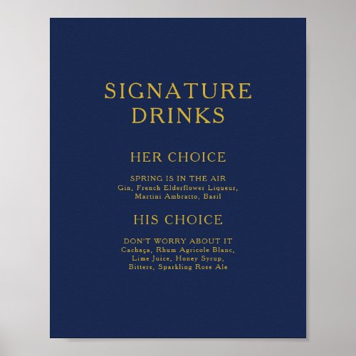 Classic Minimalist Navy Blue Gold Signature Drinks Poster