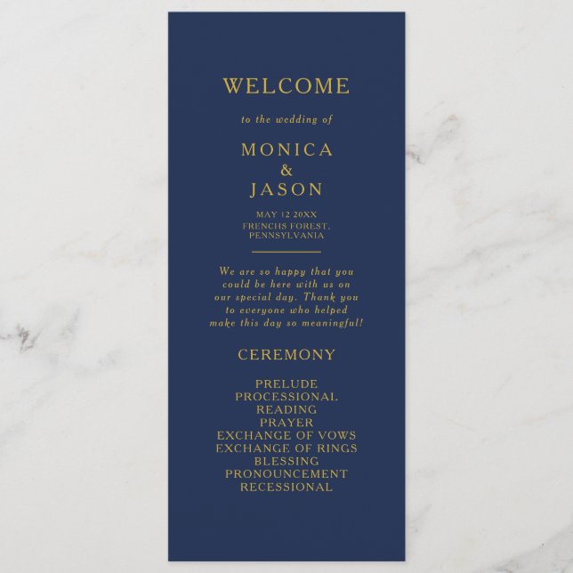 Classic Minimalist Navy Blue | Gold Wedding Program (Front)