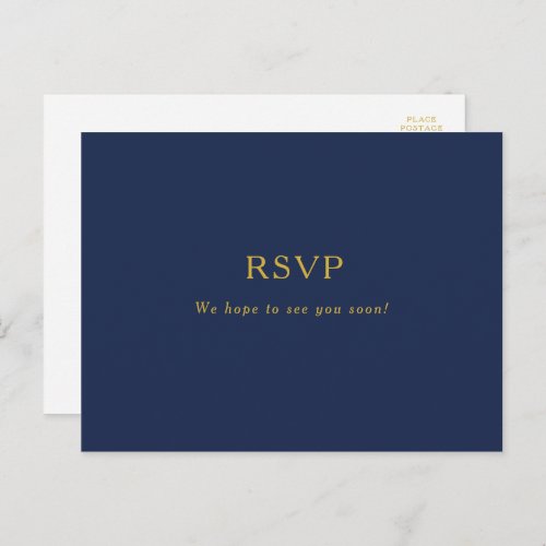 Classic Minimalist Navy Blue  Gold Wedding RSVP Postcard