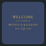 Classic Minimalist Navy Blue Gold Wedding Welcome Square Sticker<br><div class="desc">This classic minimalist navy blue | gold wedding welcome square sticker is great for a simple modern romantic and elegant wedding. The dark navy blue color palette and minimal vintage typography give it a classy chic formal touch. The design is flexible, perfect for a basic contemporary evening, spring, fall, summer,...</div>