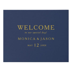 Classic Minimalist Navy Blue Gold Welcome Faux Canvas Print
