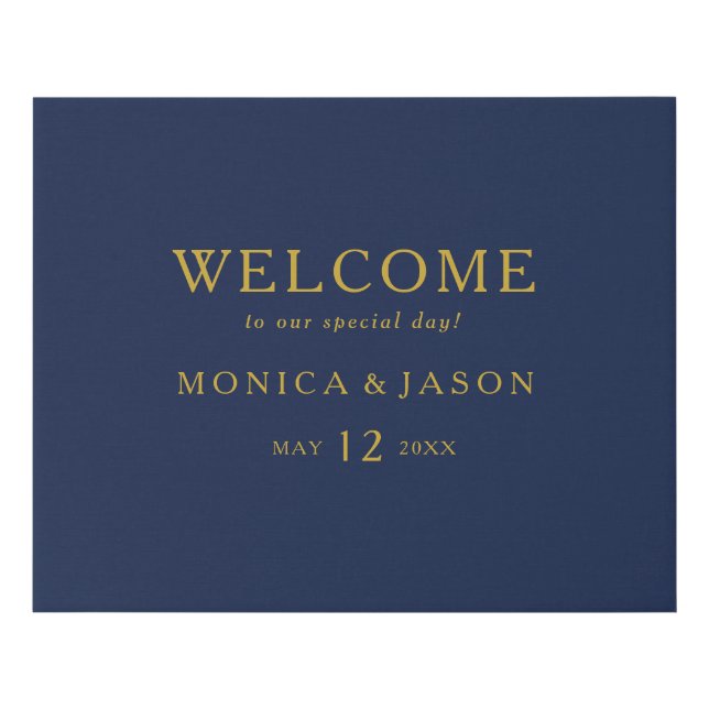 Classic Minimalist Navy Blue | Gold Welcome Faux Canvas Print (Front)