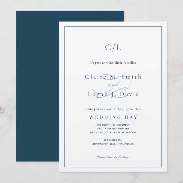 Classic Minimalist Navy Blue Monogram Wedding Invitation (Front/Back)