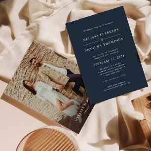 Classic Minimalist Navy Blue Photo Wedding Invitation