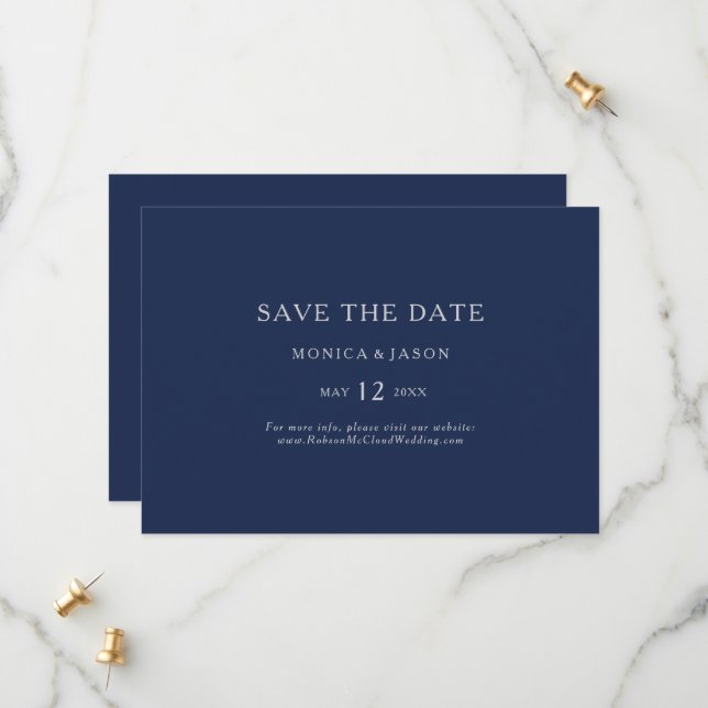Classic Minimalist Navy Blue | Silver Horizontal Save The Date (Front/Back In Situ)