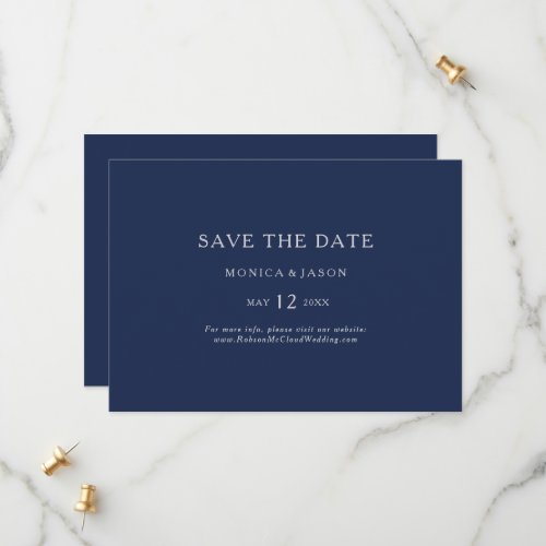Classic Minimalist Navy Blue  Silver Horizontal Save The Date