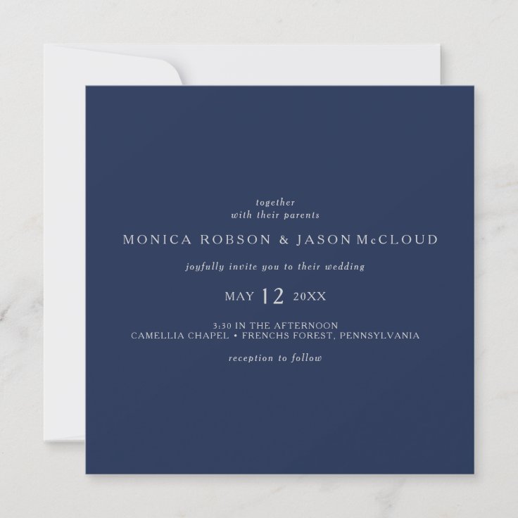 Classic Minimalist Navy Blue Silver Square Wedding Invitation | Zazzle