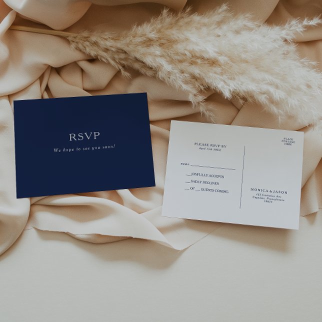 Classic Minimalist Navy Blue | Silver Wedding RSVP Postcard (Creator Uploaded)