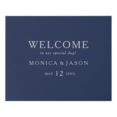 Classic Minimalist Navy Blue  Silver Welcome Faux Canvas Print