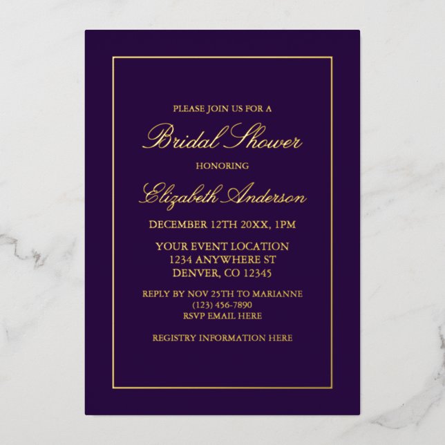 Classic Minimalist Purple Bridal Shower Foil Invitation (Front)