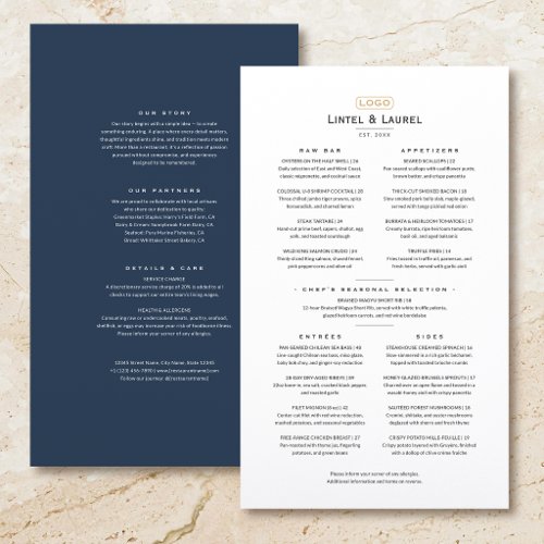 Classic Minimalist Restaurant Menu Midnight Navy