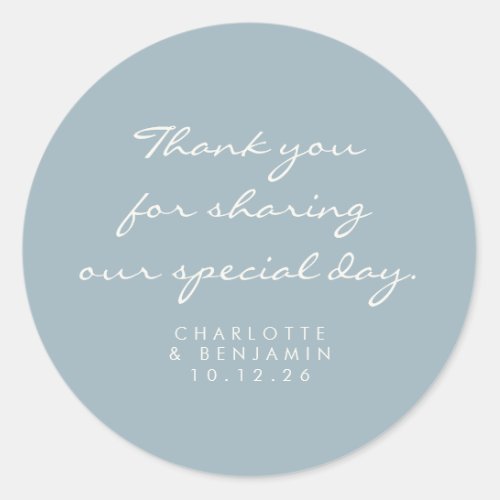 Classic Minimalist Script Blue Thank You Wedding Classic Round Sticker