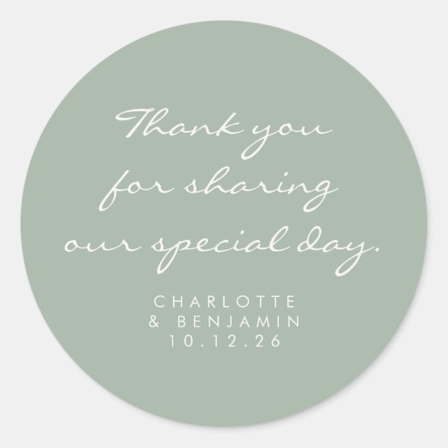 Classic Minimalist Script Sage Thank You Wedding Classic Round Sticker (Front)