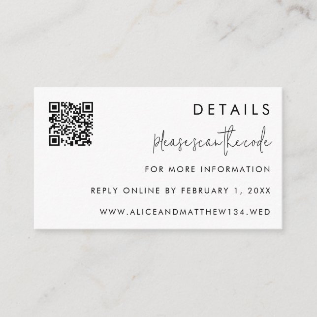 Classic  Minimalist Script Wedding Details QR Code Enclosure Card (Front)