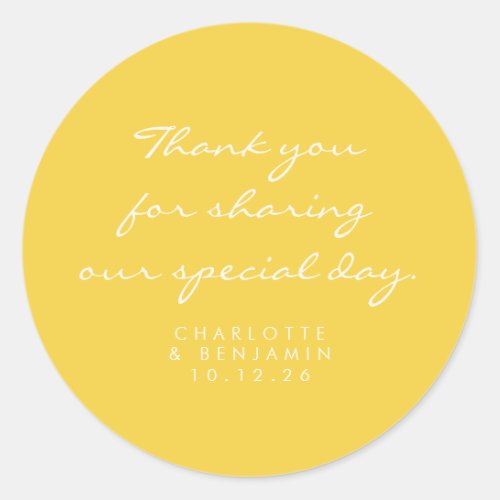 Classic Minimalist Script Yellow Thank You Wedding Classic Round Sticker