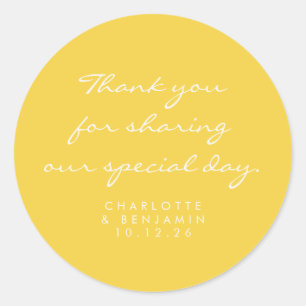 Classic Minimalist Script Yellow Thank You Wedding Round Sticker