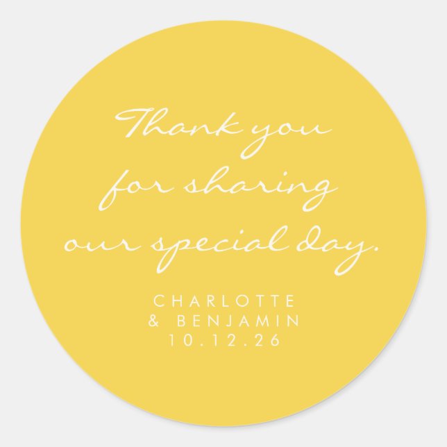 Classic Minimalist Script Yellow Thank You Wedding Round Sticker (Front)