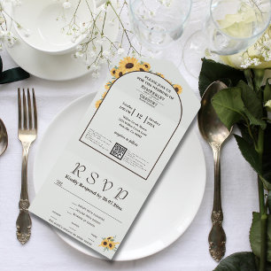 Classic Minimalist Sunflower Arch Green QR Code All In One Invitation