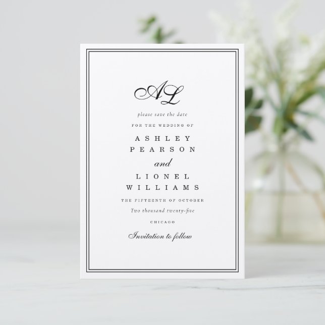 Classic Minimalist Traditional Monogram Formal Save The Date (Standing Front)