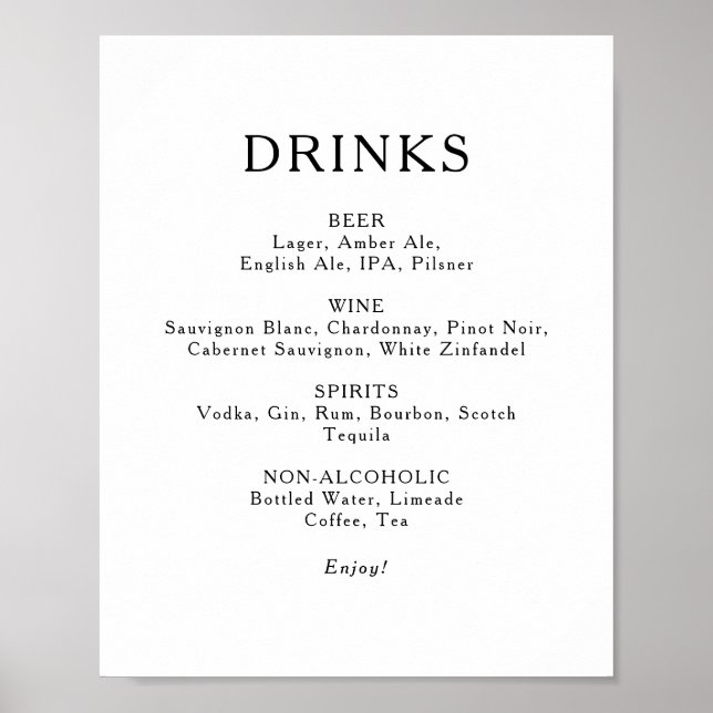 Classic Minimalist Wedding Drinks Menu Sign (Front)