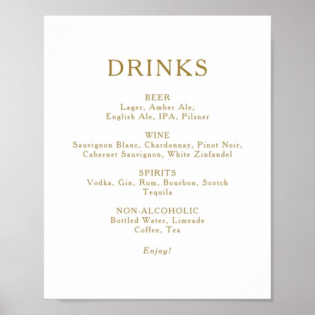 Classic Minimalist Wedding Drinks Menu Sign (Front)