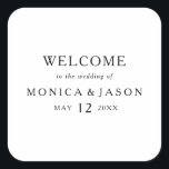 Classic Minimalist Wedding Welcome Square Sticker<br><div class="desc">This classic minimalist wedding welcome square sticker is great for a simple and elegant wedding. The black and white vintage typography gives it a classy formal touch. Keep it as is,  or choose to personalize it with artwork or graphics of your choice.</div>
