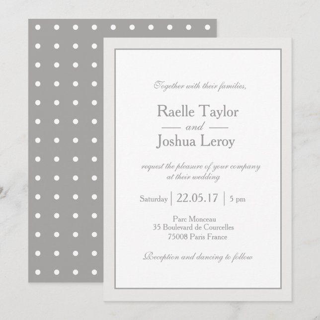 Classic minimalist white gray polka dots wedding invitation (Front/Back)