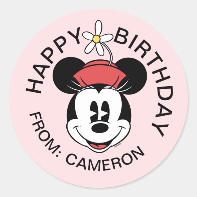 Classic Minnie | Flower Face | Happy Birthday Round Sticker (Front)
