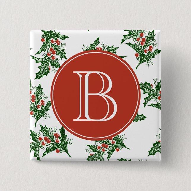 Classic Mistletoe Pattern Holiday Monogram Button (Front)