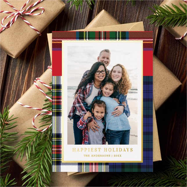Classic Mixed Tartan + Gold Christmas Photo Foil Holiday Card (Creator Uploaded)