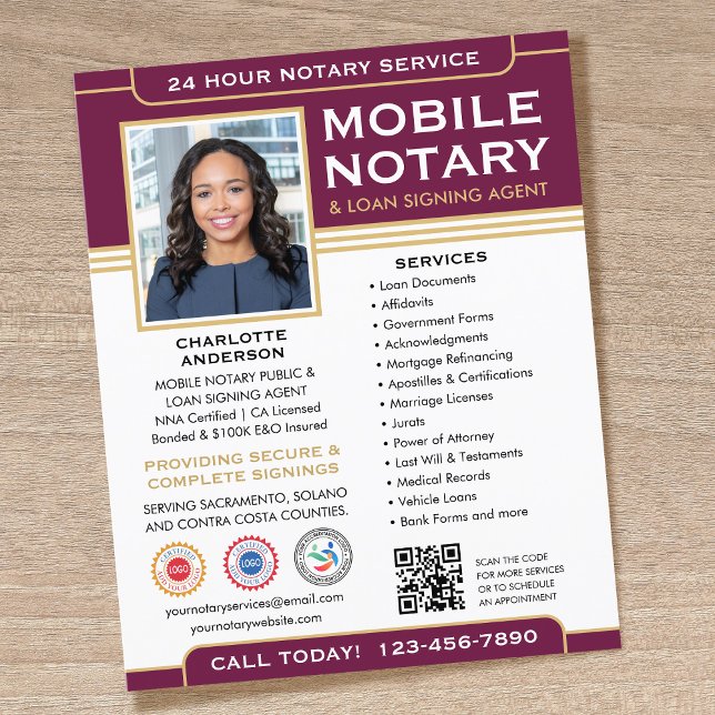 Classic Mobile Notary Public QR Code Plum Editable Flyer (Creator Uploaded)