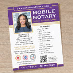 Classic Mobile Notary Public QR Code Purple Flyer<br><div class="desc">Professional Notary Public flyers with a profile photo, logo and accreditation symbols. This editable template can be personalized with a name, qualifications, area served, contact details and a list of services. Add your company logo and certification marks for branding, and connect clients to your website with a scannable QR code,...</div>