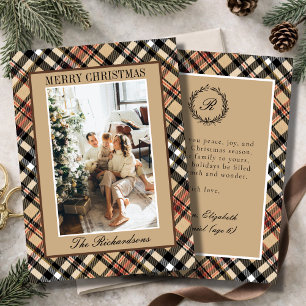 Classic Mocha Brown Plaid Monogram Christmas Photo Holiday Card