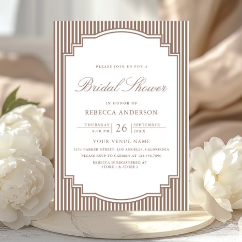 Classic Mocha Brown Striped Photo Bridal Shower Invitation