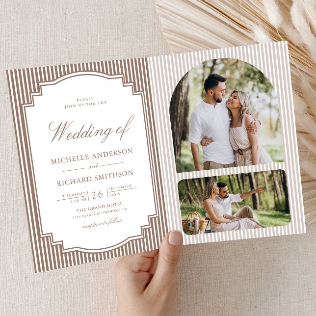 Classic Mocha Brown Striped Photo QR Code Wedding Invitation (Creator Uploaded)