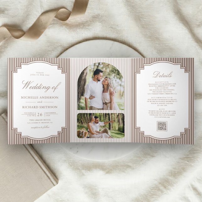 Classic Mocha Brown Striped Photo QR Code Wedding Tri-Fold Invitation (Creator Uploaded)