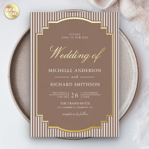 Classic Mocha Brown Striped Photo Wedding Gold Foil Invitation