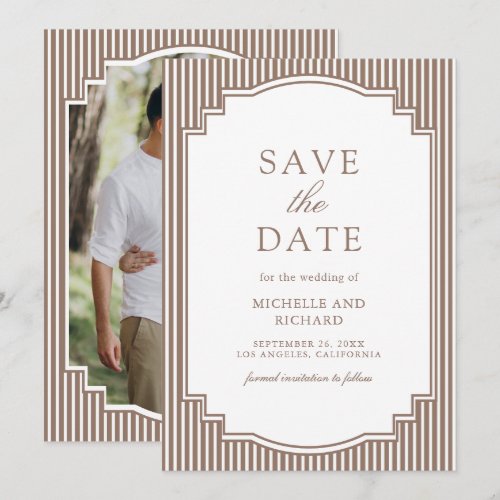 Classic Mocha Brown Striped Photo Wedding Save The Date