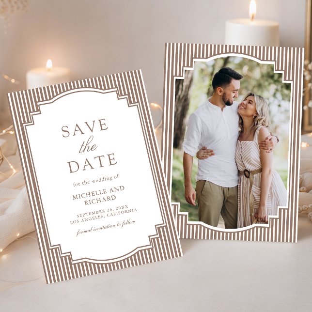 Classic Mocha Brown Striped Photo Wedding Save The Date (Creator Uploaded)